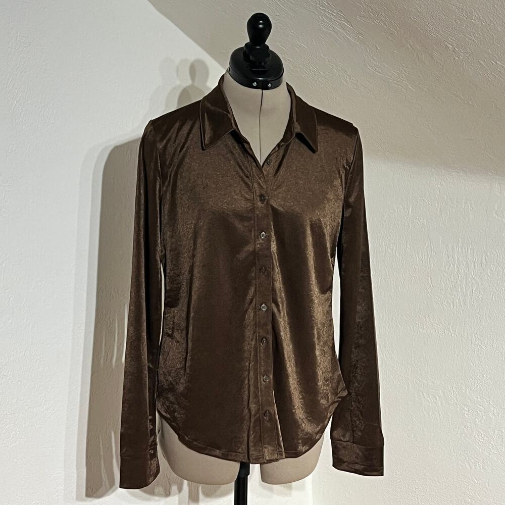 GAP Brown Satin Button Down Blouse | Size Small | Shiny Dressy Top